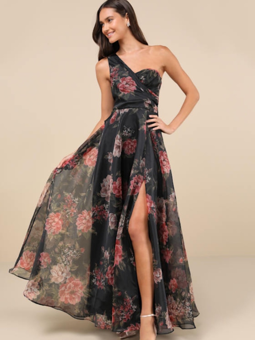 Lulus Truly Extraordinary Black Floral Organza One-shoulder Maxi Dress - Size XL